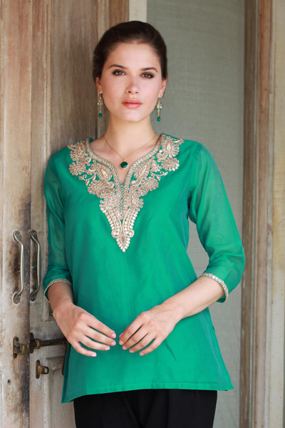 Cotton and silk blend tunic, 'Sea Princess' - Sea Green Silk and Cotton Tunic with Golden Embroidery