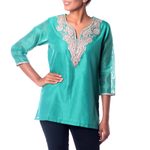 Cotton and silk blend tunic, 'Sea Princess' - Sea Green Silk and Cotton Tunic with Golden Embroidery