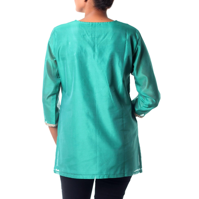 Cotton and silk blend tunic, 'Sea Princess' - Sea Green Silk and Cotton Tunic with Golden Embroidery