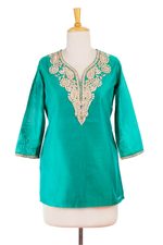 Cotton and silk blend tunic, 'Sea Princess' - Sea Green Silk and Cotton Tunic with Golden Embroidery