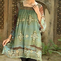 Beaded long tunic, 'Glorious Jaipur' - Long Shibori-Dyed Green and Brown Tunic Top with Sequins
