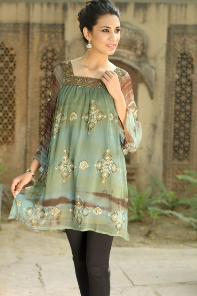 Beaded long tunic, 'Glorious Jaipur' - Long Shibori-Dyed Green and Brown Tunic Top with Sequins