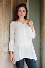 Viscose tunic, 'Jaipur Charm' - Long-Sleeved White 100% Viscose Tunic with Lace Trim