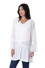 Viscose tunic, 'Jaipur Charm' - Long-Sleeved White 100% Viscose Tunic with Lace Trim