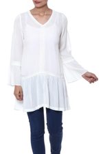 Viscose tunic, 'Jaipur Charm' - Long-Sleeved White 100% Viscose Tunic with Lace Trim