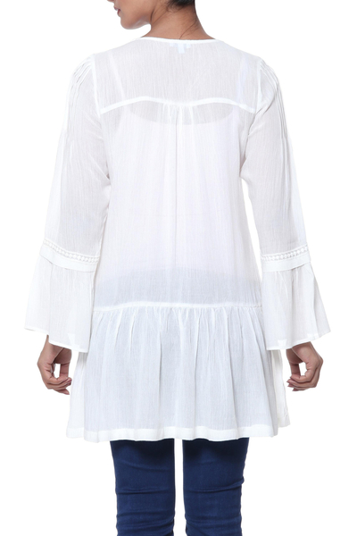 Viscose tunic, 'Jaipur Charm' - Long-Sleeved White 100% Viscose Tunic with Lace Trim