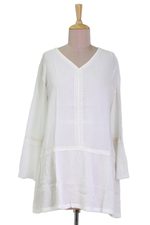 Viscose tunic, 'Jaipur Charm' - Long-Sleeved White 100% Viscose Tunic with Lace Trim
