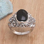 Men's Floral Sterling Silver and Onyx Ring, 'Black Sunflower'