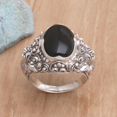 Unicef Market Men S Floral Sterling Silver And Onyx Ring Black Sunflower