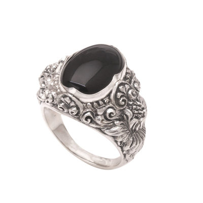 Men's onyx ring, 'Black Sunflower' - Men's Floral Sterling Silver and Onyx Ring