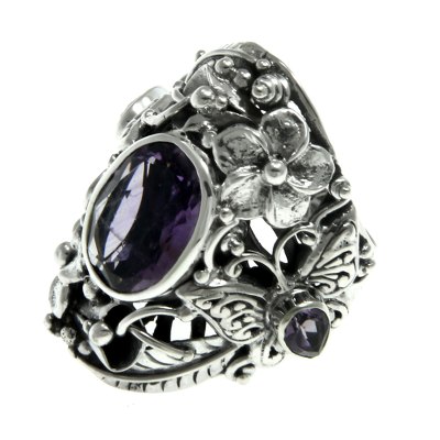 Amethyst and citrine cocktail ring, 'Frangipani Butterfly' - Unique Sterling Silver and Amethyst Cocktail Ring