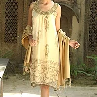 Embellished dress, 'Gujarat Glitz' - Beige Beaded A-Line Golden Dress with Beadwork