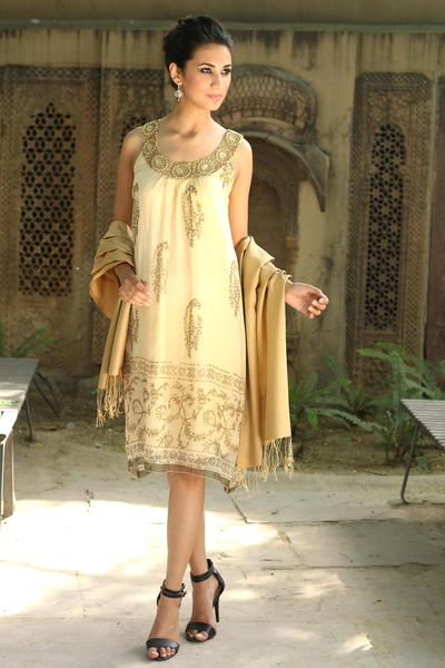 Embellished dress, 'Gujarat Glitz' - Beige Beaded A-Line Golden Dress with Beadwork