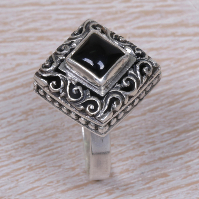 Onyx cocktail ring, 'Square Stupa' - Sterling Silver and Onyx Cocktail Ring from Indonesia