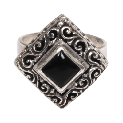 Onyx cocktail ring, 'Square Stupa' - Sterling Silver and Onyx Cocktail Ring from Indonesia