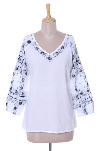 Cotton tunic, 'Midnight Bloom' - Long Sleeve Floral White Tunic Hand Embroidered in India