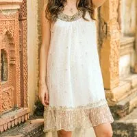 Beaded A-line dress, 'Golden' - White Beaded A-Line Dress with Sequins and Ruffles