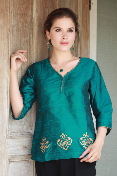Beaded silk tunic, 'Emerald Empress' - Beaded Silk Block Print Tunic in Green and Blue
