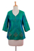 Beaded silk tunic, 'Emerald Empress' - Beaded Silk Block Print Tunic in Green and Blue
