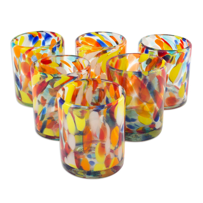 Tumblers, 'Liquid Confetti' (set of 6) - Unique Handblown Recycled Glass Juice Drinkware from Mexico 