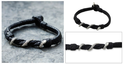 Sterling silver and leather bracelet, 'Serpent' (7.5 inch) - Sterling Silver and Leather Snake Bracelet (7.5 Inch)