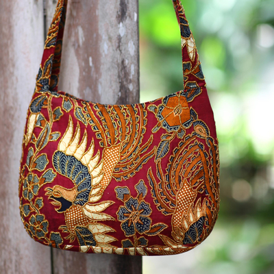 Beaded cotton batik shoulder bag, Kings Bird