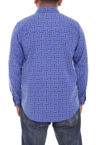 Camisa de algodón para hombre, 'Bali Weave in Blue' - Camisa de algodón azul para hombre con estampado estampado a mano