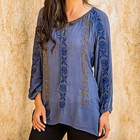 Beaded tunic blouse 'Jodhpur Blossom' - Embroidered Hand Beaded Blue Floral Tunic Top from India