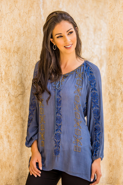 Beaded tunic blouse, 'Jodhpur Blossom' - Embroidered Hand Beaded Blue Floral Tunic Top from India