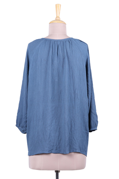 Blusa túnica con pedrería - Top túnica floral azul bordado a mano con cuentas de la India