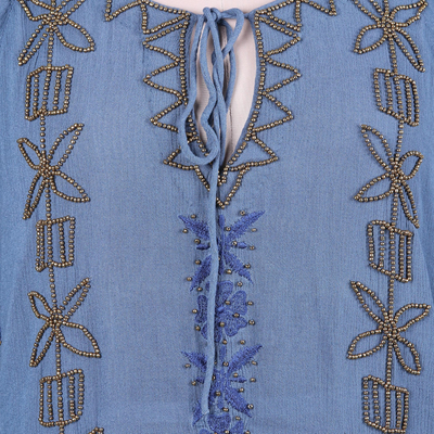 Beaded tunic blouse, 'Jodhpur Blossom' - Embroidered Hand Beaded Blue Floral Tunic Top from India