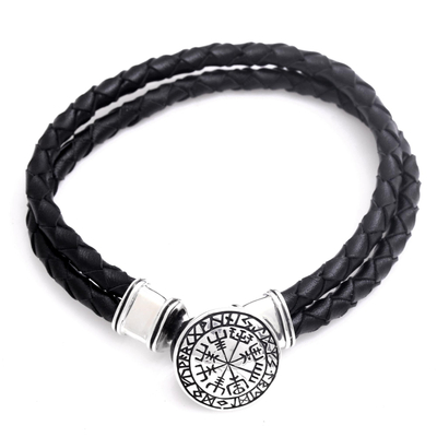 Men's sterling silver and leather pendant bracelet, 'Viking Compass' - Men's Sterling Silver and Leather Viking Bracelet from Bali
