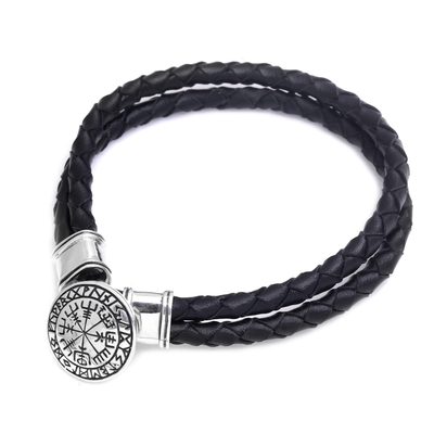 Men's sterling silver and leather pendant bracelet, 'Viking Compass' - Men's Sterling Silver and Leather Viking Bracelet from Bali