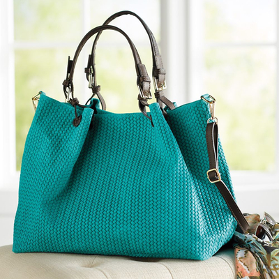 Suede travel bag, 'Italian Herringbone' - Italian Herringbone Suede Travel Bag in Turquoise
