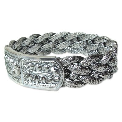 Sterling silver braided bracelet, 'Symmetry' - Fair Trade Sterling Silver Wristband Bracelet