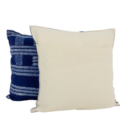 Cotton batik cushion covers, 'Indigo Dreams' (pair) - Hand Crafted Blue Batik Square Cushion Covers (Pair)