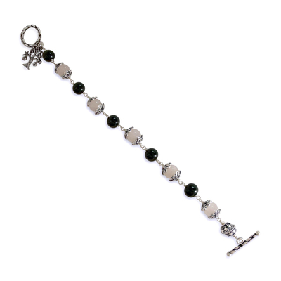 Rose quartz and onyx beaded bracelet, 'Lucky Money Tree' (7.25 inch) - Beaded Onyx and Rose Quartz Bracelet (7.25 Inch)