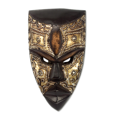 African wood mask, 'Mbara Hunter' - Aluminum and Wood African Mask Textured from Ghana