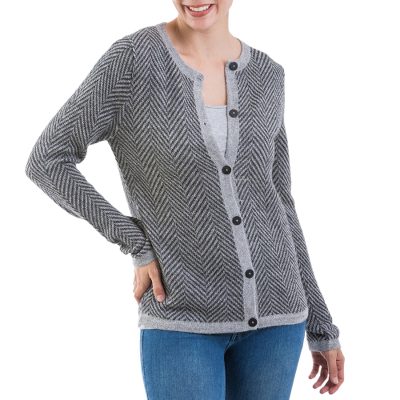 100% alpaca cardigan, 'Cloudy Sky' - Grey 100% Alpaca Wool Cardigan Sweater from Peru