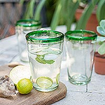 Handblown Glass Clear and Green Water Glasses Set of 6, 'Conical'