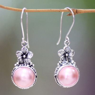 Pendientes de flores de perlas - Pendientes colgantes florales de plata de ley y perlas