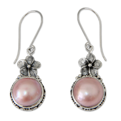 Pearl flower earrings, 'Pink Frangipani' - Sterling Silver and Pearl Floral Dangle Earrings