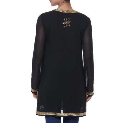 Beaded tunic, 'Sheer Dazzle in Black' - Hand Embroidered Beaded Black Semi-Sheer Long Sleeve Tunic