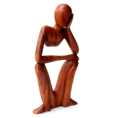Wood sculpture, 'Thinking of You' - Handcrafted Indonesian Wood Sculpture