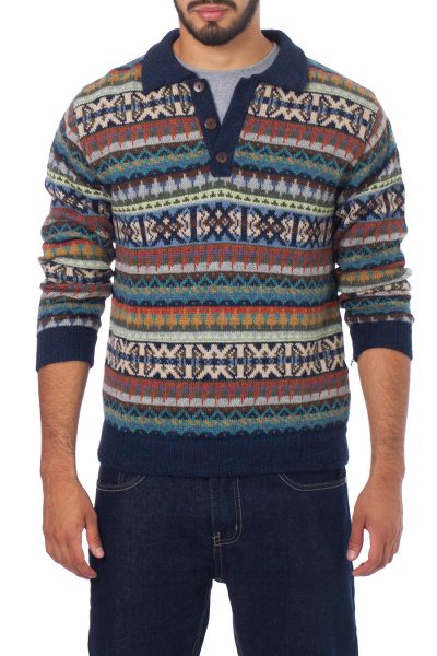 Men's 100% alpaca polo sweater, 'Pisac Casual' - Men's Knitted Andean Alpaca Polo Sweater with Navy Trim