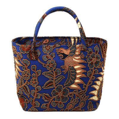 Beaded cotton batik tote handbag 'Glorious Java' - Beaded Blue Cotton Batik Handbag Hand Crafted in Bali