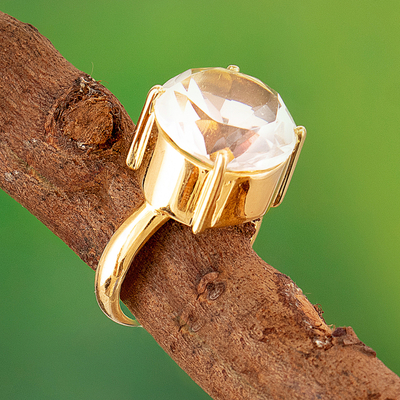 Gold plated quartz single stone ring, 'Clearly Golden' - Gold Plated Quartz Single Stone Ring from Peru