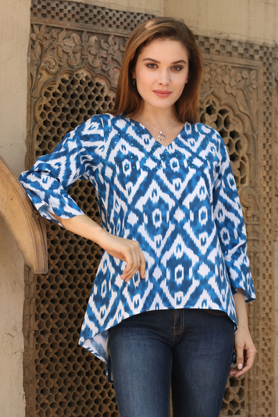 Cotton tunic, 'Azure Beauty' - Abstract Blue Screen Printed Cotton Tunic with Sequins