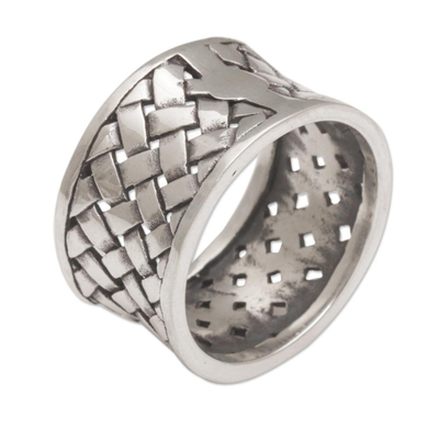 Sterling silver band ring, 'Bamboo Mat' - Wide Sterling Silver Band Ring with Woven Motif