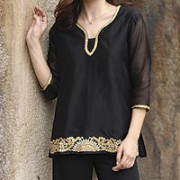 Beaded cotton and silk tunic, 'Midnight Jewels' - Black Beaded Gota Embroidery Cotton Blend Tunic from India
